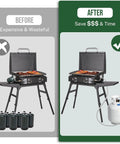 Comparison of a travel grill using small propane tanks versus a large tank with 5 Foot Propane Hose Adapter For 1lb To 20lb Converters Converts 5lb To 40lb Tanks Anti Bite LP Gas Hose For Weber Q Travel Grill Blackstone 17 Inch And 22 Inch Griddles Coleman Camping Stove Buddy Heater