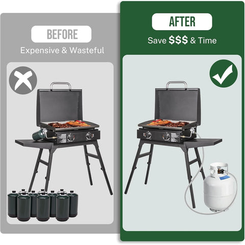 Comparison of a travel grill using small propane tanks versus a large tank with 5 Foot Propane Hose Adapter For 1lb To 20lb Converters Converts 5lb To 40lb Tanks Anti Bite LP Gas Hose For Weber Q Travel Grill Blackstone 17 Inch And 22 Inch Griddles Coleman Camping Stove Buddy Heater