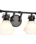 Two Light Metal Bathroom Vanity Wall Light Fixture 16 Inch Wide Bronze With Opal Glass Shade Transitional Style Bath Lighting