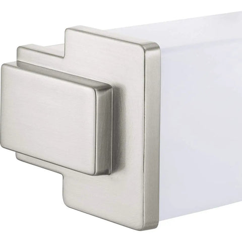 Close-up of Phase Two Point Two LED 24 Inch White Shade Sleek Modern Bath Vanity Light in Brushed Nickel with Slim Acrylic Frame