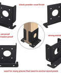 8 Pcs Adjustable Wood Fence Pergola Post Base Brackets Kit Fit 4x4 Posts Actual 3.5x3.5 Inches Black Heavy Duty Post Anchor Base Brackets For Deck Railing shown in various angles highlighting features.