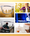 Collage of 4 Pack Dope Anti Fog Safety Glasses for Men and Women protecting against dust, pollen, blue light, and chemicals.