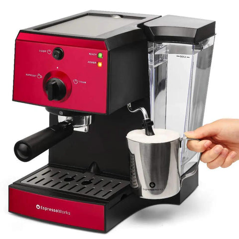 Badass 15 Bar Espresso Machine And Cappuccino Maker With Slick Milk Steamer And Hella Easy 7 Piece Barista Bundle Featuring Quick Grinder And Dual Cups For No Sweat Latte Prep And Knockout Drink Quality Daily In Blue on kitchen counter with frothing pitcher.