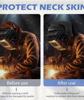 Side-by-side comparison of welder wearing and not wearing an Extended FR Cotton Welding Hood Cover With U Shaped Press Fit Seal For Full Neck Protection