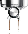 Close-up of Semi Automatic Espresso Machine With 15 Bar Pressure, Built In Grinder, Milk Frother Steam Wand, Digital Temperature Control.