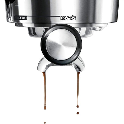 Close-up of Semi Automatic Espresso Machine With 15 Bar Pressure, Built In Grinder, Milk Frother Steam Wand, Digital Temperature Control.
