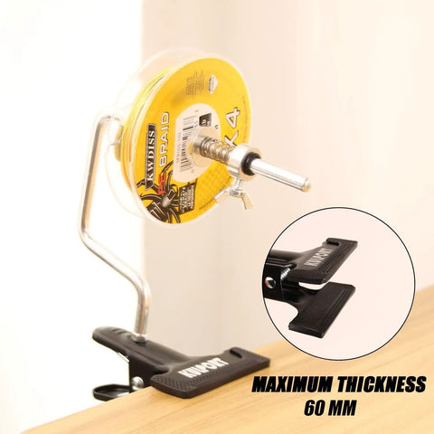 Side view of Pro Grade Fishing Line Winder Spooler With Clamp Portable Multifunction Spooling Station attached to table