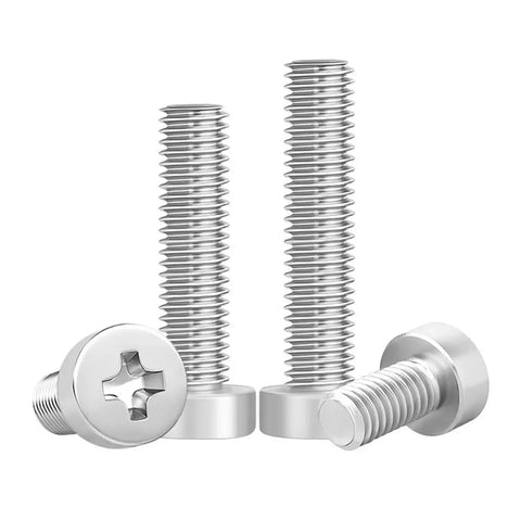 Premium 304 Stainless Steel Cheese Head Cross Recessed Screws M6 M8 Thin Low Head Machine Bolts set of 5 with various lengths.