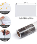 Black Brown Marble Peel And Stick Contact Paper For Kitchen Counters And Furniture Self Adhesive Vinyl Wrap Waterproof 24x200 Inch Roll No Mess Easy DIY Countertop Makeover For Cabinets Desks And More showing features like waterproof, peel & stick, easy to cut & apply with roll dimensions.