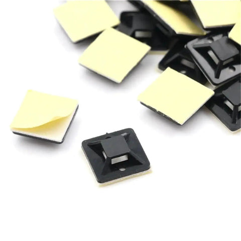 Premium Heavy Hitter Adhesive Cable Tie Bases 400 Piece Pack Black Self Stick Wire Mounts showing square black anchors with adhesive backs.