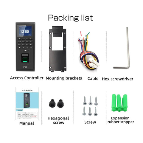 Top Shelf Fingerprint Time Clock With Keypad For Smart Door Access Control With Optical Reader Handling Wet Or Dry Fingers Quickly TCP IP Ready Perfect Solution For Offices Or Residential Use Where Solid Security Gets The Job Done. packing list