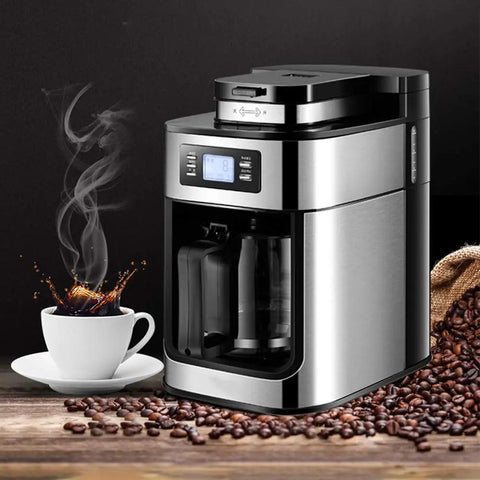 Legit Automatic Drip Coffee Maker With Built In Burr Grinder Smart Temp Control Programmable Timer on wooden table with coffee cup.