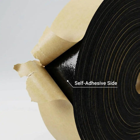 Close-up of Pipe Wrap Insulation Tape For Hot And Cold Pipes Waterproof Foam Adhesive showing self-adhesive side.