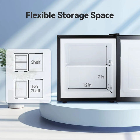 Flexible storage space graphic for Hella Compact Yet Hella Spacious 1.1 Cu Ft Small Upright Freezer in matte black.