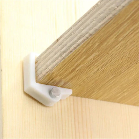 Rose Gold Plastic Shelf Support Clips 30 Pack for Cabinets and Cupboards Partition Plate Fixing Brackets in use on wooden shelf
