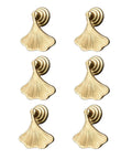 Six Piece Golden Ginkgo Leaf Cabinet Knobs set of six, smooth zinc alloy drop handles for drawers and wardrobes.