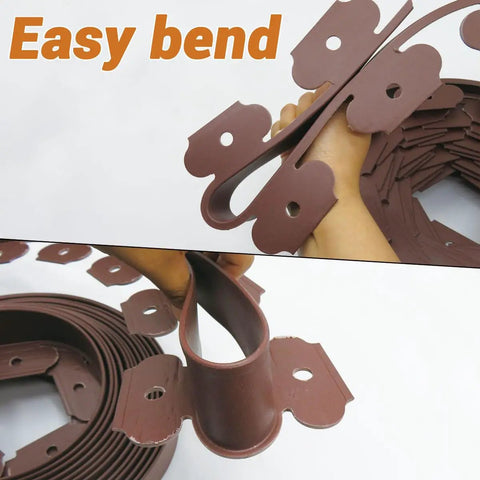 Hands flexing brown No Dig Garden Edging Kit 66 Feet Of Lawn Border With Plastic Stakes 2 Inch Tall for easy installation