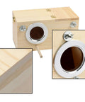 Paulownia Wood Nesting Box For Pet Birds Super Cozy Insulated Breeding Home showing entrance and wooden perch detail.