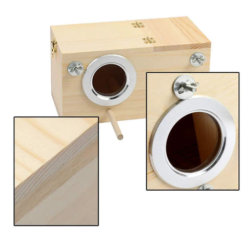 Paulownia Wood Nesting Box For Pet Birds Super Cozy Insulated Breeding Home showing entrance and wooden perch detail.