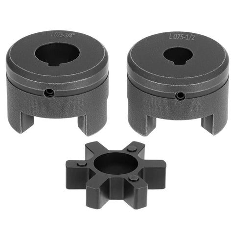 Rugged Flexible 3 Piece L Jaw Coupling Set For Log Splitters Half Inch To Three Quarter Inch Bore HT250 Steel With NBR Rubber Spider