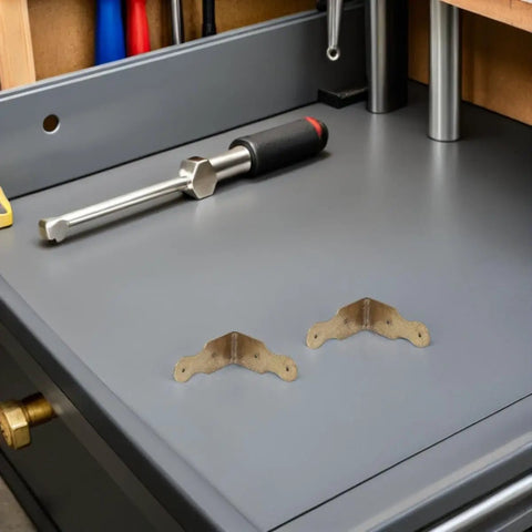 Six Pack L Shaped Brass Corner Protectors for Jewelry Boxes and Gift Boxes on a gray workshop surface
