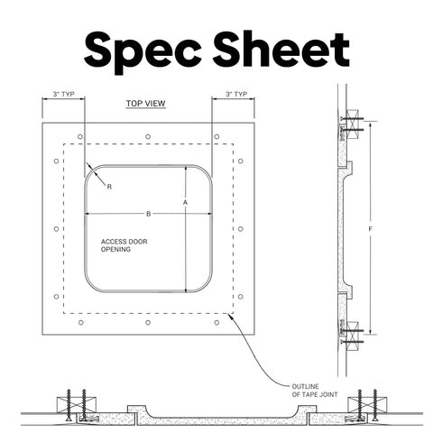 Spec sheet for No Sweat 18 x 18 Flush Mount Ceiling Access Panel dimensions and installation details.