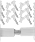 50 White Wood Panel Fasteners And Connector Bolts Kit For Cabinet And Tabletop Assembly shown with detailed view of fasteners