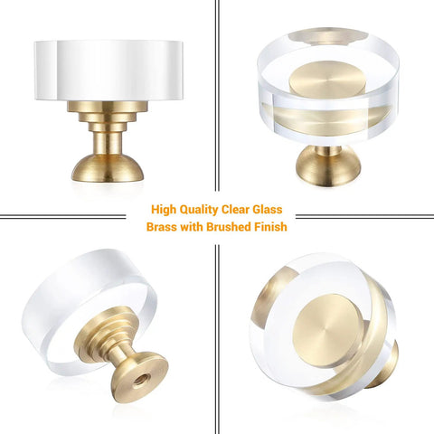 Six Pack One And A Quarter Inch White Glass Crystal Cabinet Knobs Gold Brushed Brass Round Drawer Pulls For Dresser Closet Kitchen Cabinets And Bifold Doors Hardware Sleek Swanky Finish, clear glass brass knob side view