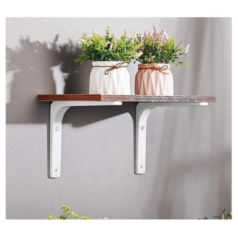 Rock Solid White Heavy Duty L Brackets For Wall Shelves 8 By 6 Inch thick steel shelf support holding a wooden shelf with potted plants.