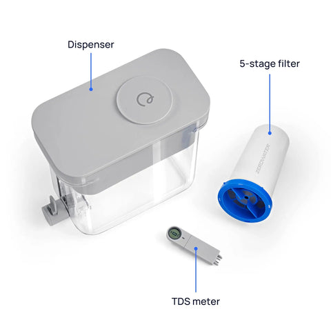 ZeroWater Technology 23 Cup Water Filter Dispenser with 5-stage filter and TDS meter, certified clean water for family kitchen use.