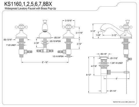Technical diagram of Vintage Retro Widespread Lavatory Faucet With Metal Cross Handle In Polished Chrome 8 To 16 Inch Adjustable Center Deck Mounted