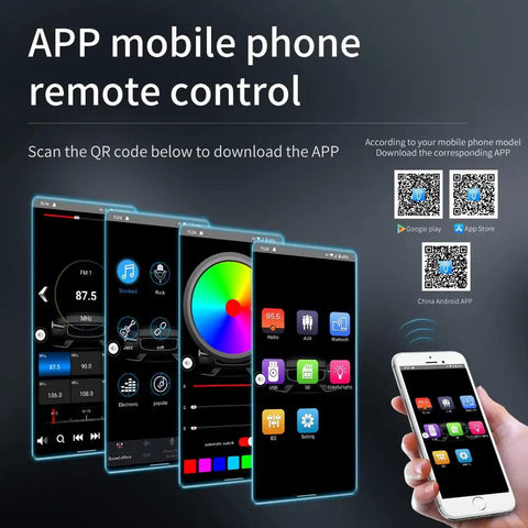 App control feature of Single Din Car Stereo Bluetooth 5.0 Multimedia Receiver with QR code for download, shown on smartphone