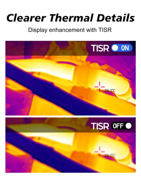Thermal imaging comparison with TISR on and off, demonstrating Handheld Thermal Imaging Camera With 25Hz Refresh 240 By 240 Enhanced Display Detect Heat Like A Boss From Minus 4 To 1022 Degrees Fahrenheit Real Time Temp Alarm IP54 Rugged For Home And Industrial Use.