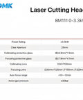 Heavy Duty Fiber Laser Cutting Head With Automatic Focus 3Kw Powerhouse specifications table detailing power rating and lens sizes.