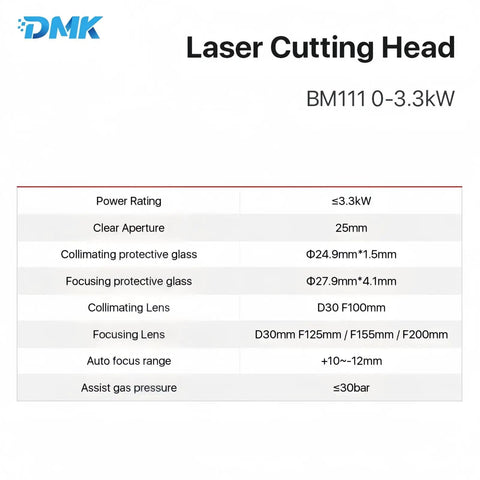 Heavy Duty Fiber Laser Cutting Head With Automatic Focus 3Kw Powerhouse specifications table detailing power rating and lens sizes.