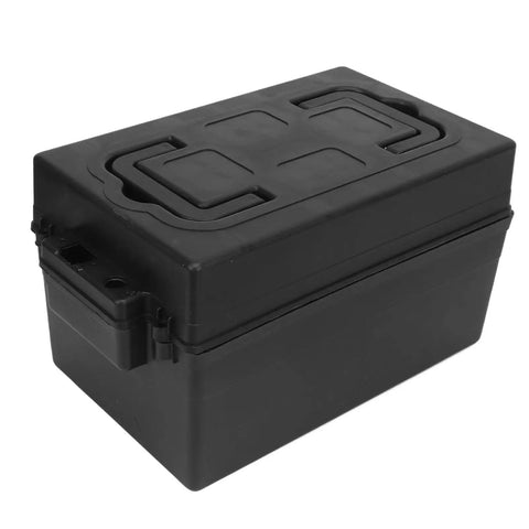 Heavy Duty Plastic Battery Storage Organizer Box With Secure Latching Lid For Marine Car RV Boat Truck, impact resistant design.