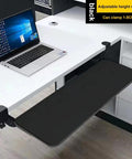 Hella Sturdy Under Desk Keyboard And Mouse Tray Pull Out Sliding Platform With Secure C Clamp Mount System Instant Install Height Adjustable For Ergonomic Workstation, black adjustable tray clamped to desk.