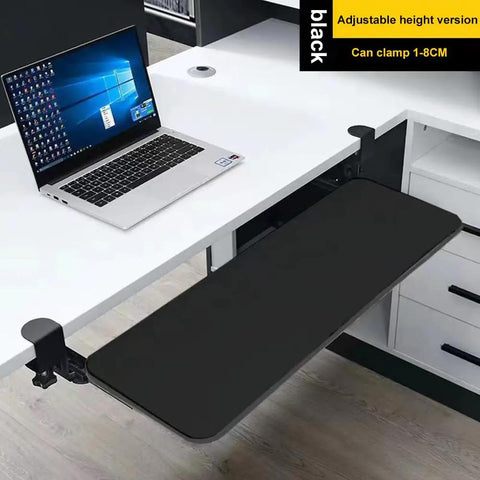 Hella Sturdy Under Desk Keyboard And Mouse Tray Pull Out Sliding Platform With Secure C Clamp Mount System Instant Install Height Adjustable For Ergonomic Workstation, black adjustable tray clamped to desk.