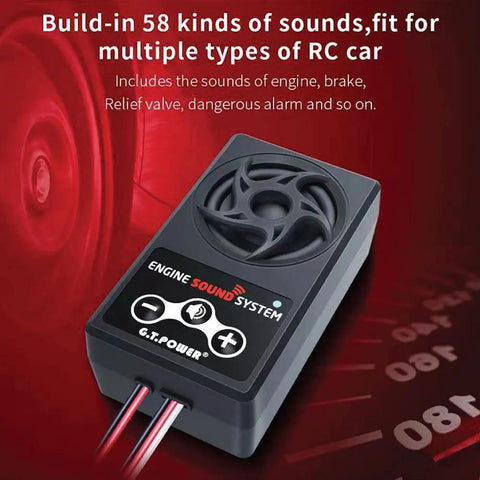 Dope Realistic Engine Sound System For RC Cars With 58 Sounds, black compact unit, vented speaker, red background, focus on product.