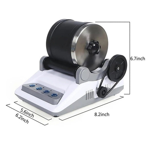 Tumbler Machine For Gem Enthusiasts DIY Stone Polisher with 7 Day Timer, dimensions shown, compact size for home use.