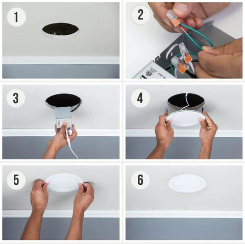Installation process for Six Pack 6 Inch Color Selectable LED Recessed Downlights, Ultra Thin Baffle, showing ceiling mount steps