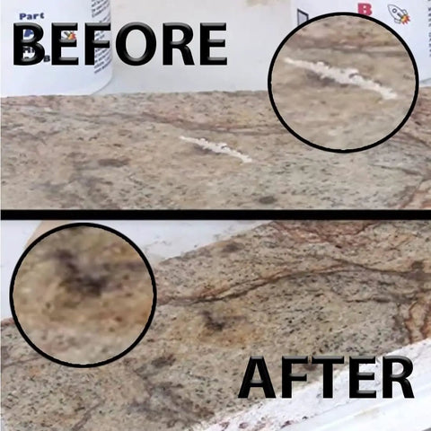Before and after repair with RocketGel 25 Minute Pro Epoxy Countertop Repair Kit For Granite, Tile And Quartz, fixing chips, cracks, and stains.