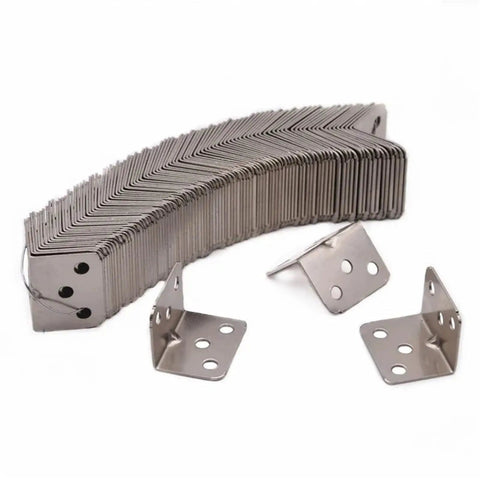 Heavy Duty Stainless Steel L Brackets 100Pcs Right Angle Corner Bracket For Furniture Reinforcement And Woodworking Joints visible in a stacked arrangement.