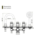 Technical diagram of 5 Hole Deck Mount Tub Faucet Chrome With Hand Shower Brass Roman Tub Filler Set 3 Handle High Flow Bathtub Faucet With Sprayer