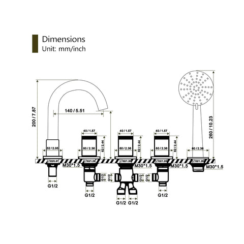 Technical diagram of 5 Hole Deck Mount Tub Faucet Chrome With Hand Shower Brass Roman Tub Filler Set 3 Handle High Flow Bathtub Faucet With Sprayer