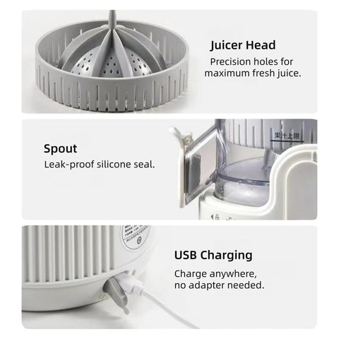 Juicer head and spout detail of Cordless Electric Citrus Juicer For Lemons And Oranges With Rechargeable Battery One Touch Lemon Squeezer.
