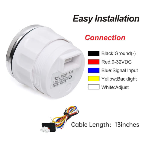 Oil pressure gauge, 2-1/16 in (52mm), electric, back view with color-coded wiring harness and label