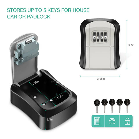 Rugged 4 Digit Key Safe Box for Wall Mount, Tough as Nails, Weatherproof zinc alloy lock box with open interior view.