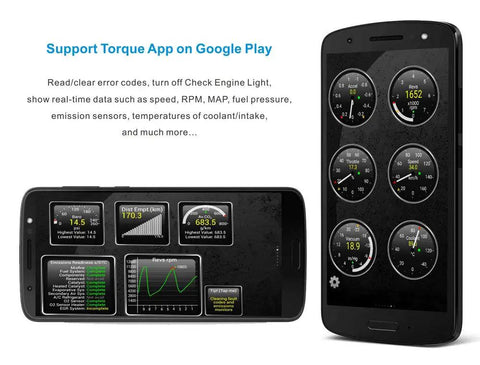 Bluetooth OBD2 Scanner And OBDII Diagnostic Tool Car Code Reader That Turns Off Check Engine Light And Lets You Read Live Sensor Data On Android With Torque App Pro Grade Diagnostic Gear displayed on Android phones showing sensor data.