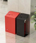 Solid As A Rock Steel Fire Extinguisher Cabinet With Smooth Sloped Front For Offices And Retail Stores Small Red Heavy Duty Safety Box Built To Last placed next to a black cabinet.